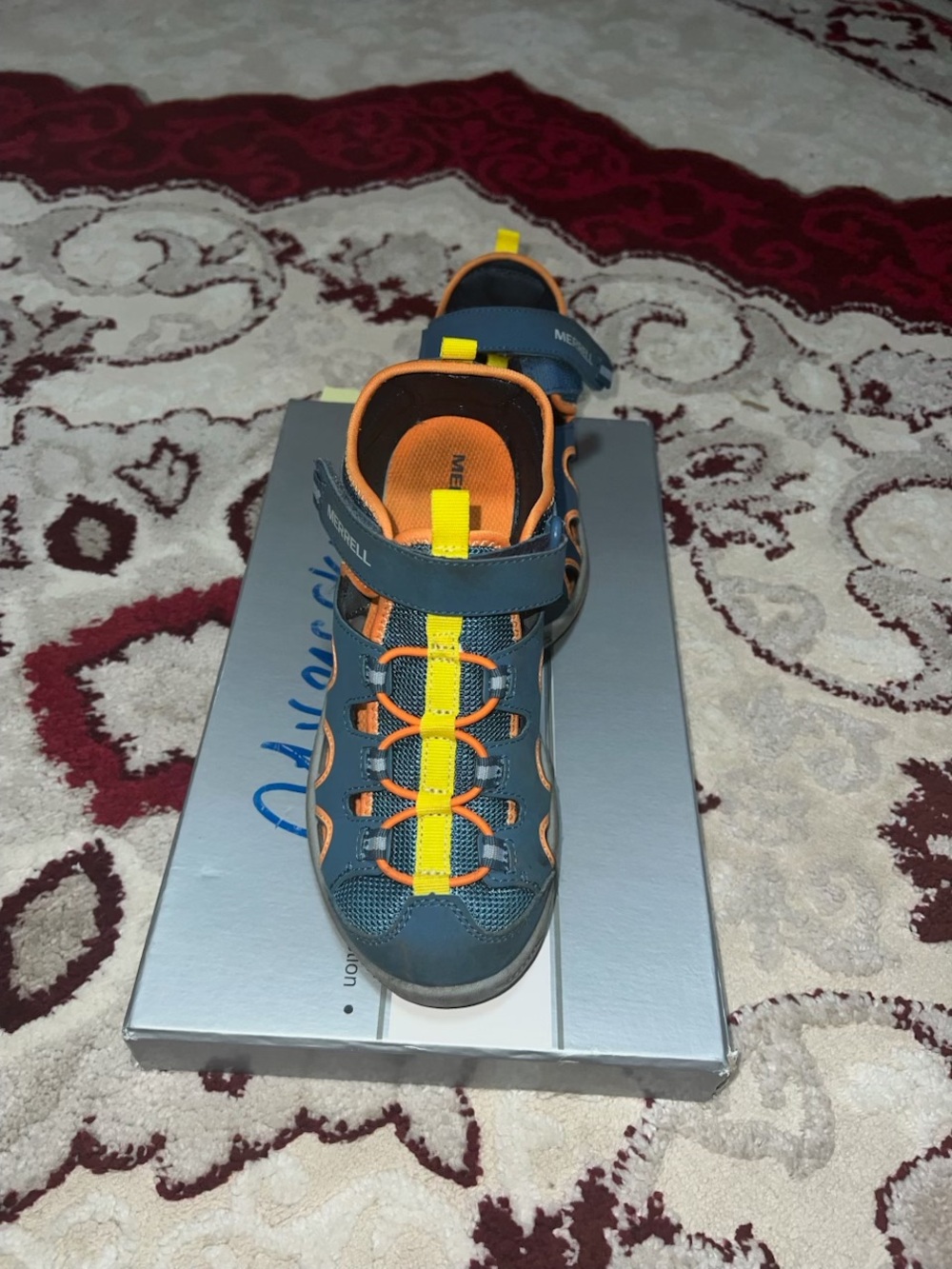 Merrell Navy and Orange Kids Outdoor Sandals with Yellow Accent